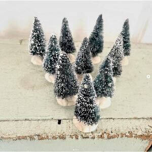 Vintage Tiny Lemax Tree Bottlebrush Dark Blue Green Flocked White Base LOT of 10